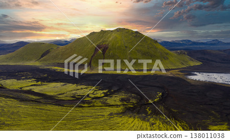 Aerial View of Moss Covered Volcanic Mountain in Iceland at Sunset Aerial View of Moss Covered Volcanic Mountain in Iceland at Sunset 138011038