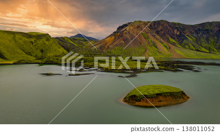 Aerial View of Volcanic Landscape with Island and Lake in Iceland 138011052