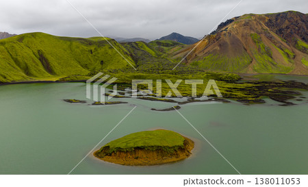 Aerial View of Serene Lake and Moss Covered Hills in Iceland Aerial View of Serene Lake and Moss Covered Hills in Iceland 138011053
