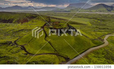 Aerial View of Volcanic Crater and Moss Covered Terrain in Iceland Aerial View of Volcanic Crater and Moss Covered Terrain in Iceland 138011056