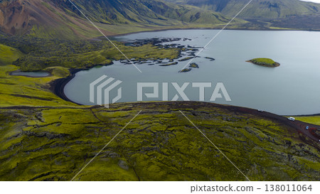 Aerial View of Icelandic Lake with Moss Covered Volcanic Terrain Aerial View of Icelandic Lake with Moss Covered Volcanic Terrain 138011064