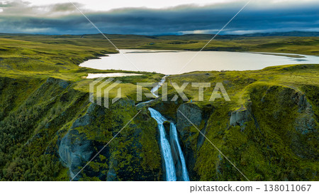 Aerial View of Icelandic Waterfall Cascading into a Green Valley Aerial View of Icelandic Waterfall Cascading into a Green Valley 138011067