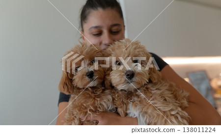 Lively morning scene with two puppies and cheerful owner 138011224