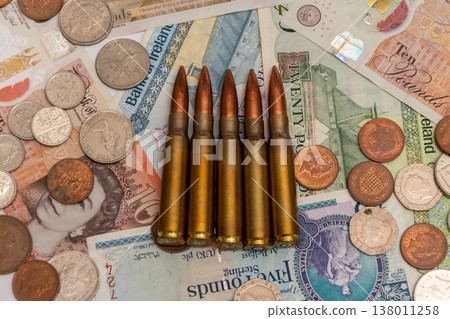 Cartridges on UK currency reflect England army budget and pressure 138011258