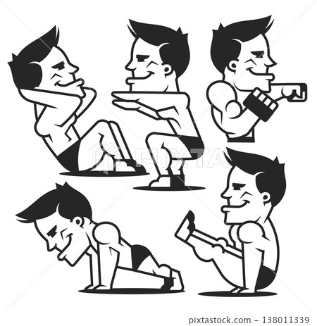 Fitness and gym gear icon set with dumbbell, barbell, kettlebell and workout equipment in line style. 138011339