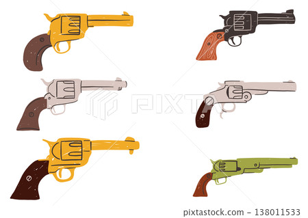 Vintage revolver gun set with western firearms in hand drawn style Vintage revolver gun set with western firearms in hand drawn style 138011533