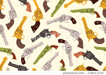 Vintage revolver seamless pattern with western gun illustration 138011534