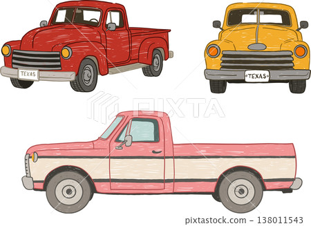 Vintage pickup truck set with retro american vehicles in hand drawn style Vintage pickup truck set with retro american vehicles in hand drawn style 138011543