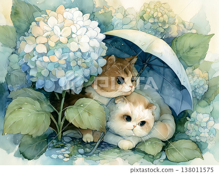 兩隻貓一起躲在繡球花下避雨。 138011575