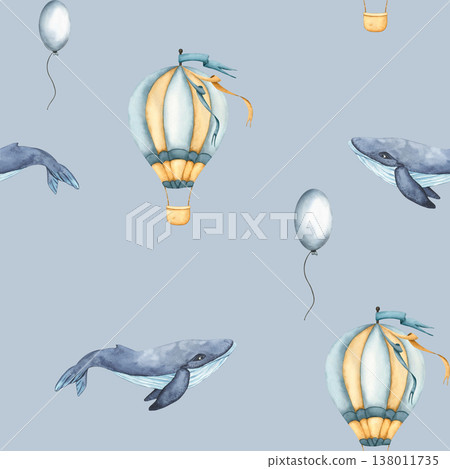 Seamless pattern with hot air balloons, balloons and whale. Childish wallpaper air balloons and Blue whale. Watercolor illustration of floating balloons for kids goods, kids wallpaper, wrapping paper Seamless pattern with hot air balloons, balloons and whale. Childish wallpaper air balloons and Blue whale. Watercolor illustration of floating balloons for kids goods, kids wallpaper, wrapping paper 138011735