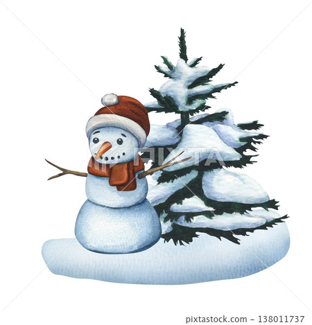 Snowman near a Christmas tree. Watercolor illustration of a cute snowman wearing a red knitted hat and scarf in a winter forest. Illustration of a winter character for New Year's holiday design, card Snowman near a Christmas tree. Watercolor illustration of a cute snowman wearing a red knitted hat and scarf in a winter forest. Illustration of a winter character for New Year's holiday design, card 138011737