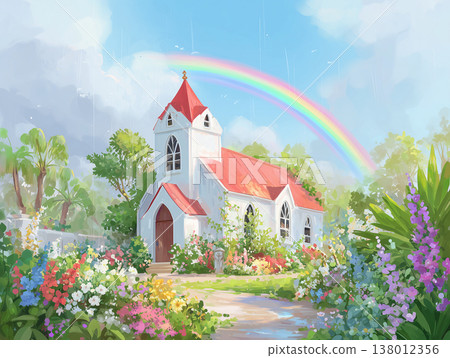 A church with a rainbow in the sky after the rain. A church with a rainbow in the sky after the rain. 138012356
