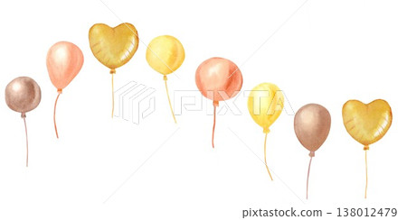 A bright, festive horizontal seamless border of yellow, orange, and brown balloons and a wave-shaped heart. Hand-drawn watercolor clip art on an isolated background for design. A bright, festive horizontal seamless border of yellow, orange, and brown balloons and a wave-shaped heart. Hand-drawn watercolor clip art on an isolated background for design. 138012479