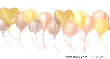 A bright, festive horizontal seamless border of flying yellow, orange, and brown balloons and a heart. Hand-drawn watercolor clip art on an isolated background for design. A bright, festive horizontal seamless border of flying yellow, orange, and brown balloons and a heart. Hand-drawn watercolor clip art on an isolated background for design. 138012480