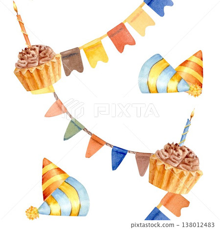 Bright festive seamless pattern of garlands of triangular flags, cupcakes with burning candles, striped party hats. Hand-drawn watercolor clip art on an isolated background for birthday parties. Bright festive seamless pattern of garlands of triangular flags, cupcakes with burning candles, striped party hats. Hand-drawn watercolor clip art on an isolated background for birthday parties. 138012483