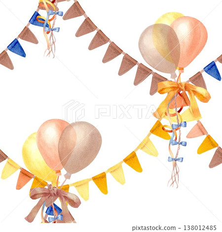 A vibrant seamless pattern featuring garlands of triangular flags and yellow, brown, and orange balloons. Hand-drawn in watercolor on an isolated background, this design is perfect for birthdays. A vibrant seamless pattern featuring garlands of triangular flags and yellow, brown, and orange balloons. Hand-drawn in watercolor on an isolated background, this design is perfect for birthdays. 138012485