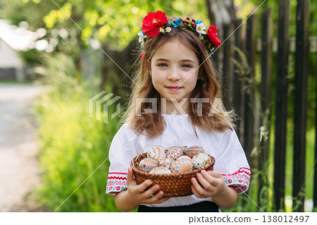 Young girl holding traditionally decorated Easter eggs with folk patterns Young girl holding traditionally decorated Easter eggs with folk patterns 138012497