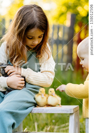 Kids enjoying time with baby animals in the garden. 138012506