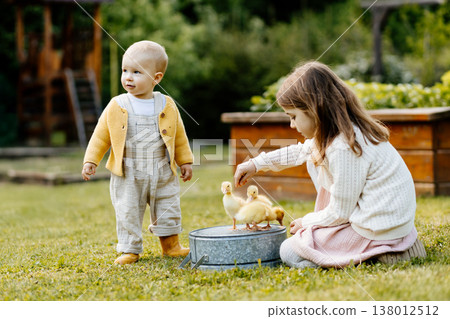 Kids enjoying time with baby animals in the garden. Kids enjoying time with baby animals in the garden. 138012512