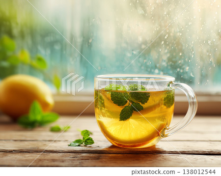 雨季的一個雨天早晨,享用一杯舒緩身心的草藥茶。 雨季的一個雨天早晨,享用一杯舒緩身心的草藥茶。 138012544