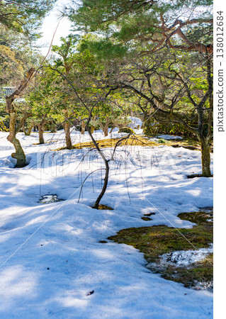 白雪皚皚的兼六園裡，梅花盛開，展現出冬春交替的季節美景。 138012684