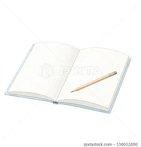 一本打開的筆記本和一支鉛筆的簡單圖片；學習備忘錄圖片；文具；白色背景。 138012800