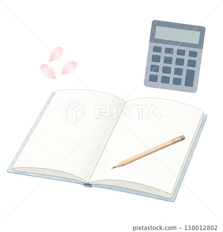 簡單的圖片，包括打開的筆記本、鉛筆和計算器；適用於學習和會計業務；白色背景。 138012802