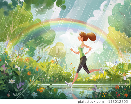 A woman jogging under a rainbow after the rain. 138012803