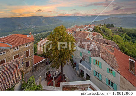 Rooftop view over Motovun village at sunset in Istria Rooftop view over Motovun village at sunset in Istria 138012960
