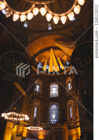 Interior of Hagia Sophia with Islamic calligraphy and chandeliers in Istanbul Interior of Hagia Sophia with Islamic calligraphy and chandeliers in Istanbul 138013012