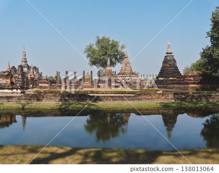 Panoramic view of ancient stupas at Wat Mahathat in Sukhothai Thailand 138013064