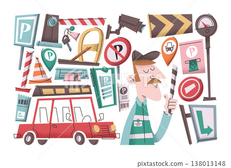 Professional parking service elements set including road signs, valet stands, meters and barriers Professional parking service elements set including road signs, valet stands, meters and barriers 138013148