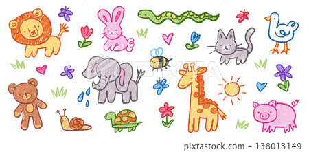 Set of cute colorful domestic farm and wild zoo, forest animals and insects childish chalk drawing 138013149