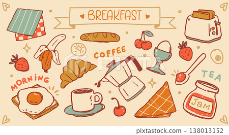 Charming retro composition of breakfast elements featuring vintage toaster, coffee pot and eggs 138013152