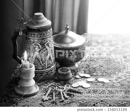 Still life with candle, keys and coins Still life with candle, keys and coins 138013189