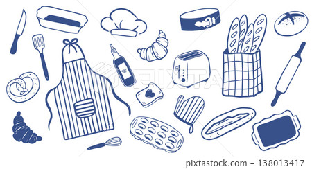 Hand drawn baking tools set in blue line style. Illustration perfect for bakery branding, packaging and dessert design Hand drawn baking tools set in blue line style. Illustration perfect for bakery branding, packaging and dessert design 138013417