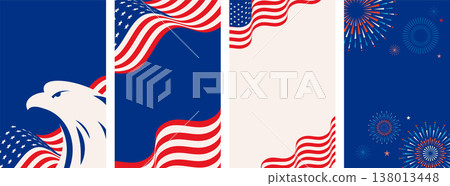 Set of United States of America 250th anniversary celebration posters and banners. Happy 4th of July 138013448