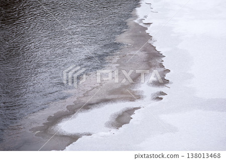 Melting River Ice Edge Showing Seasonal Transition Between Water And Snow Melting River Ice Edge Showing Seasonal Transition Between Water And Snow 138013468