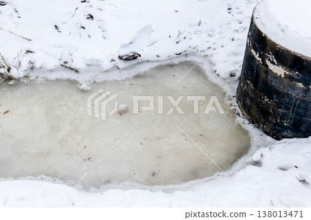 Frozen Drainage Ditch Beside Concrete Well In Snowy Ground 138013471