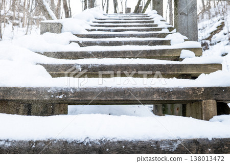 Snow Covered Wooden Steps Leading Upward Through Winter Forest 138013472