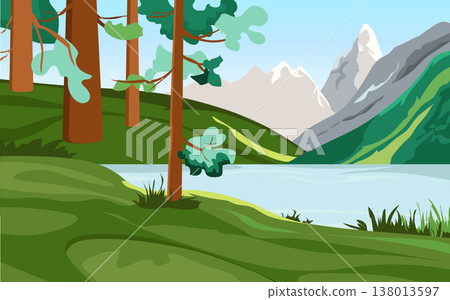 Flat Vector Mountain Landscape with Lake and Forest Scenic Nature Background Illustration 138013597