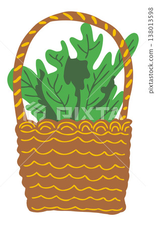 Wicker Basket with Fresh Green Vegetables, Organic Farm Harvest Illustration, Flat Vector Cartoon Style Healthy Food Concept for Grocery, Market, Cooking and Eco Lifestyle Design Wicker Basket with Fresh Green Vegetables, Organic Farm Harvest Illustration, Flat Vector Cartoon Style Healthy Food Concept for Grocery, Market, Cooking and Eco Lifestyle Design 138013598