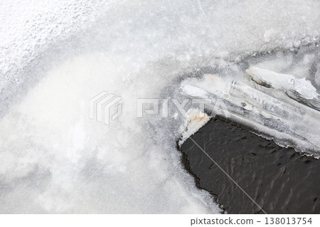 Thin River Ice With Dark Open Water During Winter Freeze 138013754