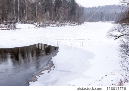 Frozen River Bend In Snowy Forest Landscape Frozen River Bend In Snowy Forest Landscape 138013756