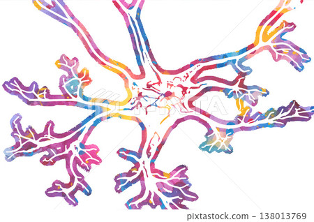 Colorful watercolor style illustration of a human neuron nerve cell with branching dendrites and axon in vibrant pink purple blue and yellow isolated on white background Colorful watercolor style illustration of a human neuron nerve cell with branching dendrites and axon in vibrant pink purple blue and yellow isolated on white background 138013769