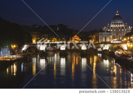 St. Peter's Basilica and Ponte Sant'Angelo at night in Rome 138013828