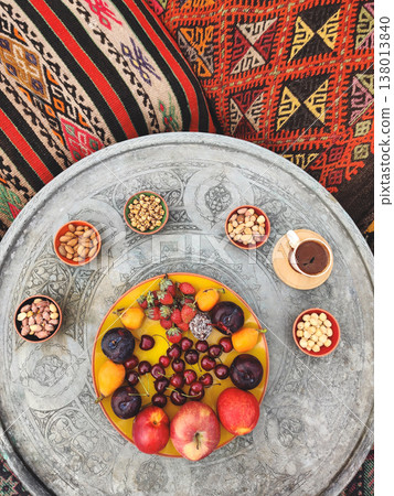 Traditional Turkish coffee and fruit platter on an ornate metal tray Traditional Turkish coffee and fruit platter on an ornate metal tray 138013840
