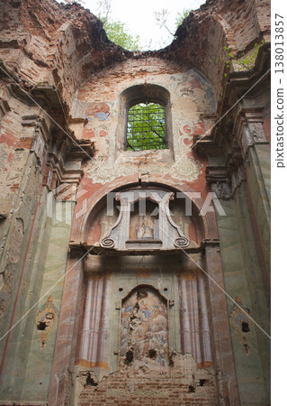 Title Interior ruins of All Saints Church in Hodovytsya with ancient Baroque frescoes and collapsed roof Title Interior ruins of All Saints Church in Hodovytsya with ancient Baroque frescoes and collapsed roof 138013857