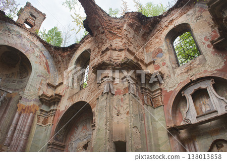 Title Interior ruins of All Saints Church in Hodovytsya with ancient Baroque frescoes and collapsed roof 138013858