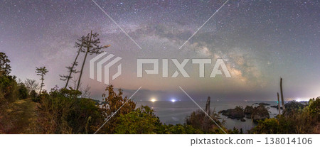 A panoramic view of the Milky Way and the sea at the beginning of twilight in Kesennuma City (photo stitched together). A panoramic view of the Milky Way and the sea at the beginning of twilight in Kesennuma City (photo stitched together). 138014106